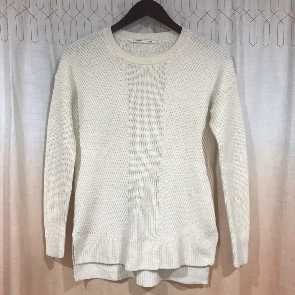 Athleta Merino Wool Crew Neck Womens Pullover Cream Sweater W/ Side Slits Size S - Picture 1 of 12